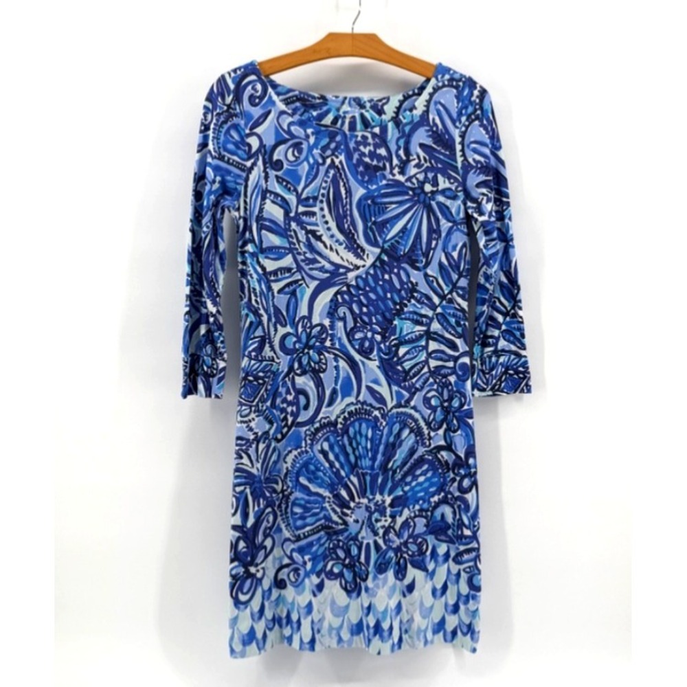 Lilly Pulitzer Pima Cotton Shift Dress Blue Tropical Floral 3/4 Sleeve Women's S